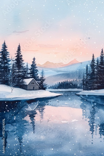 A cozy cabin beside a frozen lake in a peaceful winter landscape at sunset with snow-covered trees and distant mountains