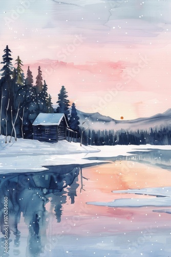 A tranquil winter evening with a cozy cabin by a frozen lake reflecting pink sunset skies and distant mountains surrounded by snow-covered trees