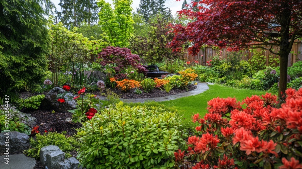 A lush backyard garden with a fountain, red flowers, and green foliage. A lush backyard garden with a fountain, red flowers, and green foliage.