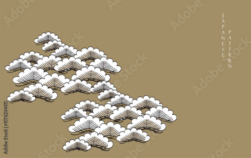 Japanese background with Asian traditional icon vector. Bonsai tree or pine tree pattern elements. Greeting card in vintage style