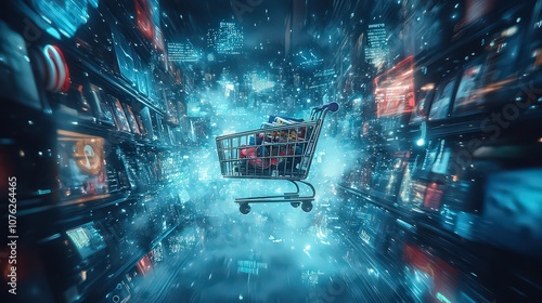  Shopping cart rises within digital cloudscape, symbols like headphones, sneakers, books orbit around in synchronized upward motion. photo