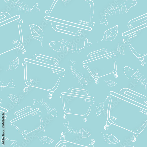 seamless pattern with a large square garbage can and with organic garbage, namely a fishbone spine on a blue background, to fight against environmental pollution day