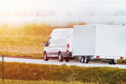 Φωτογραφία White car with a trailer attached drives along a countryside road