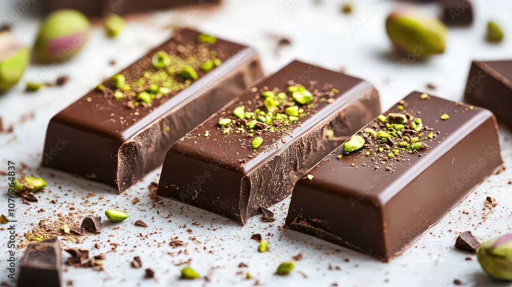Glossy chocolate bar with vibrant green pistachios and crunchy kataifi layers on top, balancing textures. Glossy chocolate bar with vibrant green pistachios and crunchy kataifi layers on top, balancing textures.