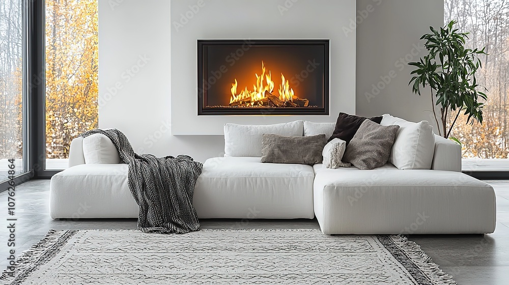 White corner sofa near fireplace. Scandinavian home interior design of modern living room, 4k Resolution White corner sofa near fireplace. Scandinavian home interior design of modern living room, 4k Resolution