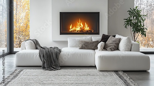 White corner sofa near fireplace. Scandinavian home interior design of modern living room, 4k Resolution