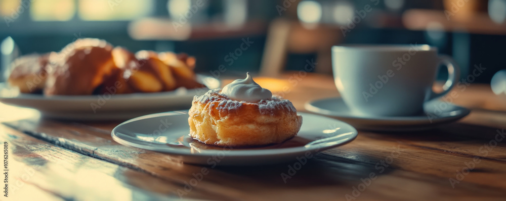 Fresh Pastry with Cream and Coffee in a Cozy Cafe