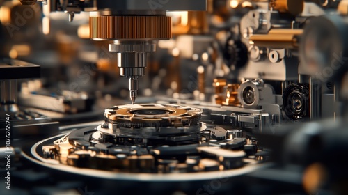 Close-up of a precision industrial machine drilling a metal part.