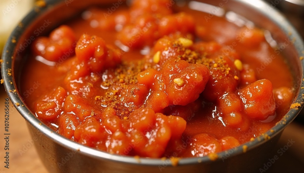 Tangy garlic chutney in a vibrant red color, with coarse texture and sprinkled with chili powder, displayed in a small metal bowl Tangy garlic chutney in a vibrant red color, with coarse texture and sprinkled with chili powder, displayed in a small metal bowl