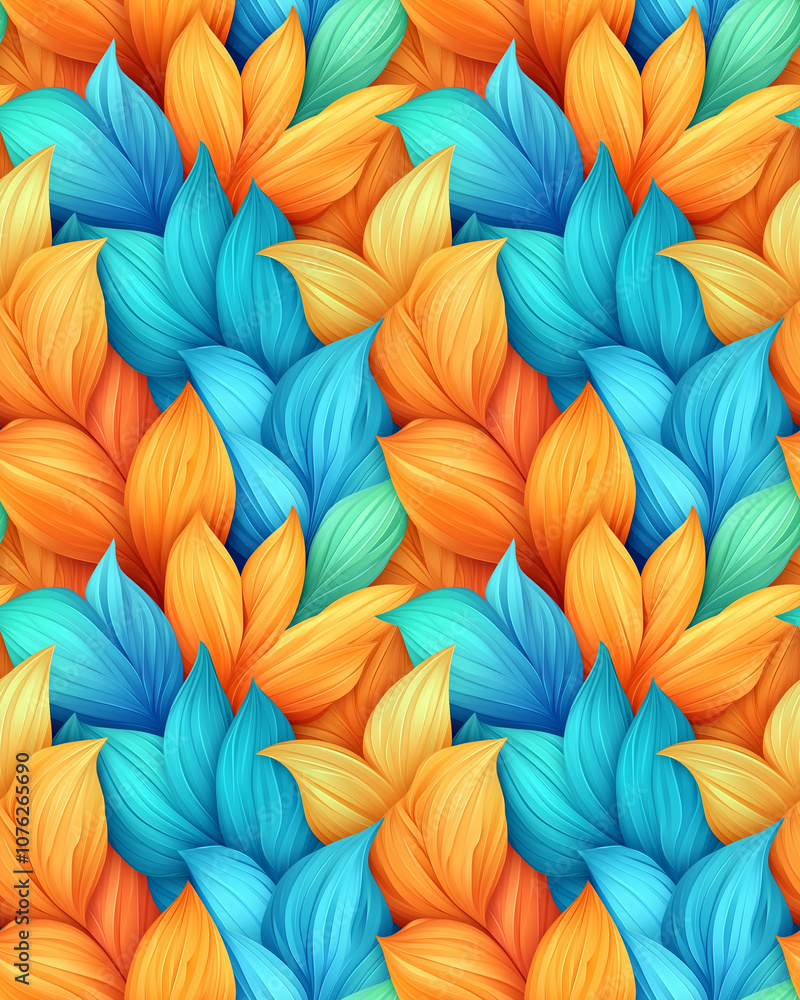 custom made wallpaper toronto digitalA colorful pattern of leaves with blue, orange, and yellow colors. The leaves are arranged in a way that creates a sense of movement and depth. Scene is vibrant and lively, with the colors