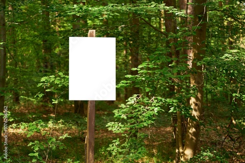 White blank sign attached wood pole standing forest