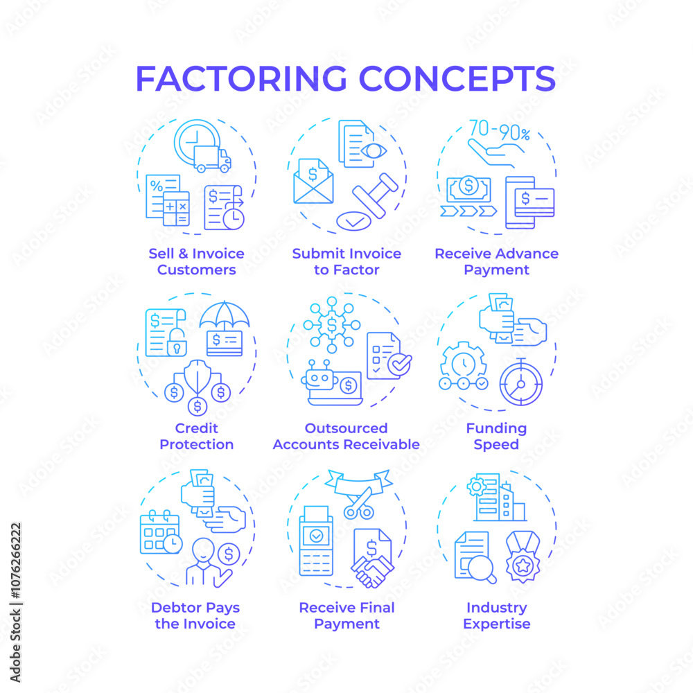 Factoring blue gradient concept icons. Benefits and operational steps involved in factoring services. Credit protection. Icon pack. Vector images. Round shape illustrations. Abstract idea Factoring blue gradient concept icons. Benefits and operational steps involved in factoring services. Credit protection. Icon pack. Vector images. Round shape illustrations. Abstract idea