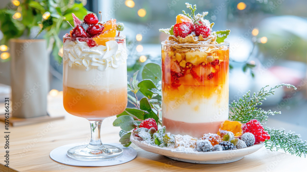Two festive winter themed drinks with whipped cream and berries on wooden table Two festive winter themed drinks with whipped cream and berries on wooden table