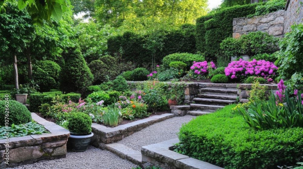 Stone Steps and Flowerbeds in a Lush, Green Garden Stone Steps and Flowerbeds in a Lush, Green Garden