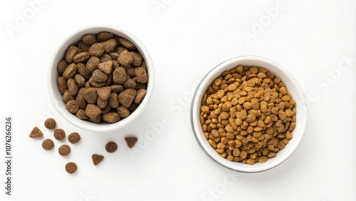 Minimalist Dry Dog and Cat Food in White Bowl - Top View, Isolated on White Background for Pet Nutrition and Wellness Concepts