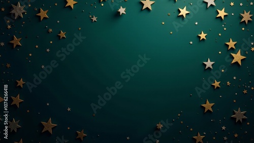 texture of metallic gold and silver stars scattered over a dark blue or pine green background.