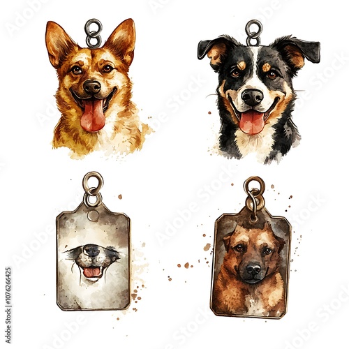 Delightful pets showcase their unique personalities with charming dog portraits and tags photo