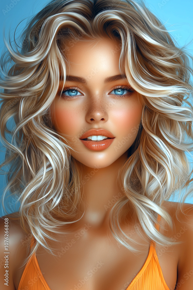 Fototapeta premium A woman with blonde hair and blue eyes is smiling and wearing an orange bikini top. The image is a digital rendering of a woman with blonde hair and blue eyes, and it conveys a sense of happiness