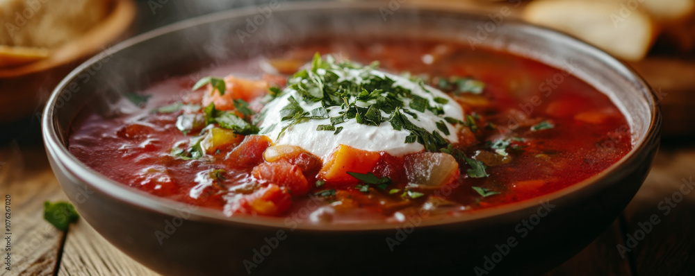 Traditional Borscht Soup with Sour Cream and Herbs Traditional Borscht Soup with Sour Cream and Herbs