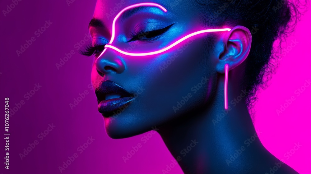 A fashion shoot featuring a woman with neon lights illuminating her face, capturing the modern and artistic vibe of neon photography A fashion shoot featuring a woman with neon lights illuminating her face, capturing the modern and artistic vibe of neon photography