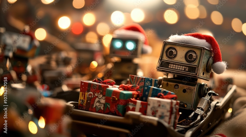 Festive robots wearing Santa hats are surrounded by colorful gifts, creating a joyful holiday atmosphere with twinkling lights in the background. Festive robots wearing Santa hats are surrounded by colorful gifts, creating a joyful holiday atmosphere with twinkling lights in the background.