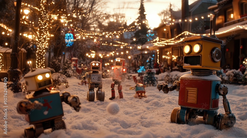 A festive scene of playful robots enjoying a snowy day, illuminated by bright lights, creating a whimsical winter atmosphere. A festive scene of playful robots enjoying a snowy day, illuminated by bright lights, creating a whimsical winter atmosphere.