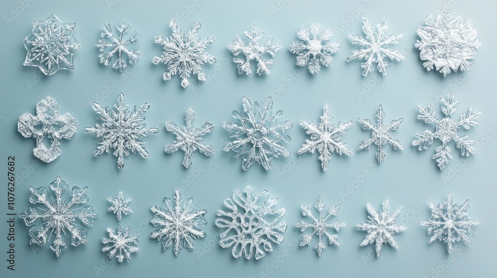 Unique Snowflakes on Soft Blue Background Unique Snowflakes on Soft Blue Background