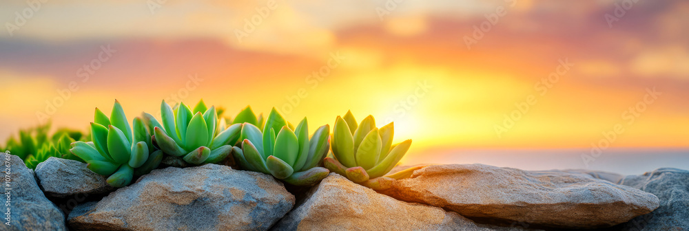Vibrant Succulents on Rocks Against a Stunning Sunset Over the Ocean, Capturing the Beauty of Nature and Tranquility in a Serene Landscape Vibrant Succulents on Rocks Against a Stunning Sunset Over the Ocean, Capturing the Beauty of Nature and Tranquility in a Serene Landscape