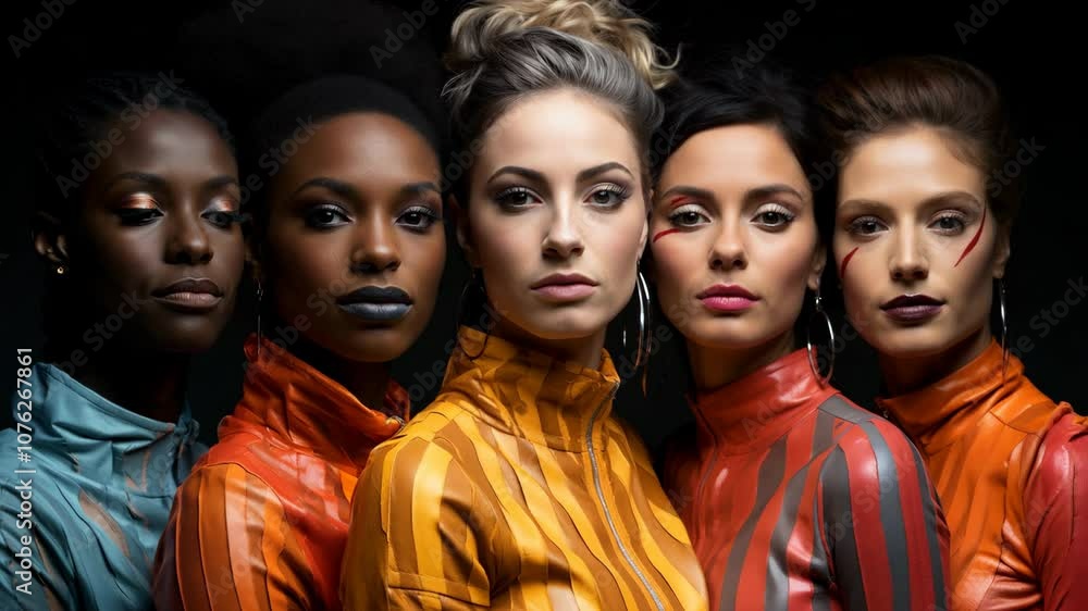 Five women in colorful outfits pose together in dramatic lighting at night Five women in colorful outfits pose together in dramatic lighting at night