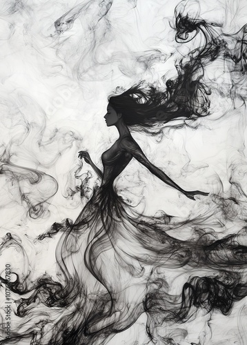 Black and white smoke art of an elegant woman with flowing hair

 photo