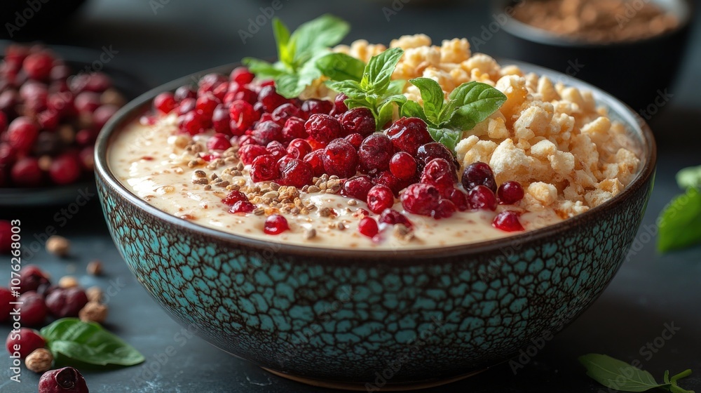 A vibrant bowl of yogurt topped with berries and popcorn. A vibrant bowl of yogurt topped with berries and popcorn.
