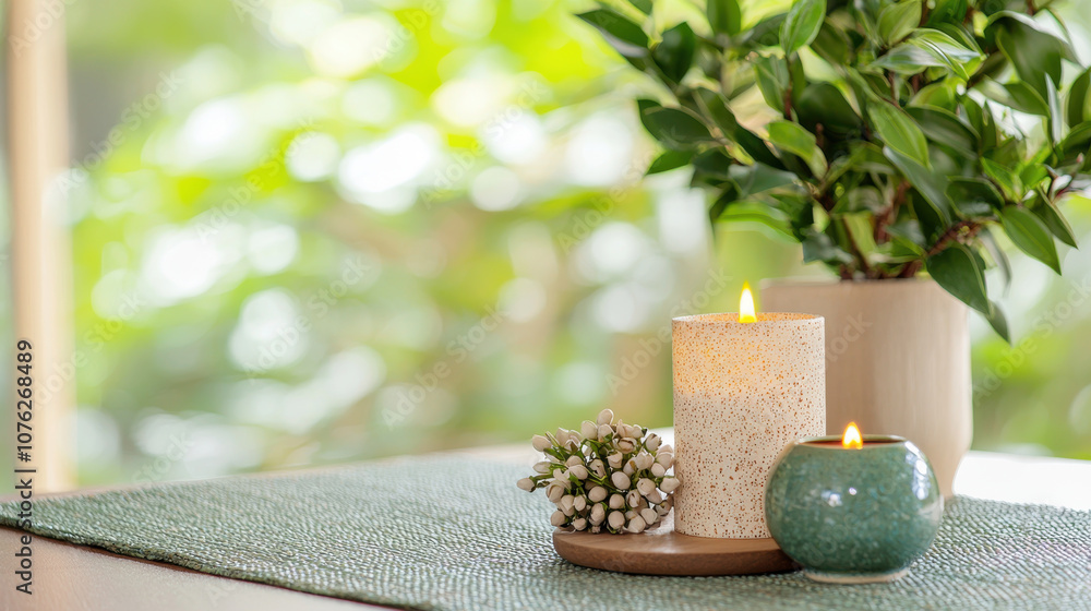 cozy health and wellness setup with lit candles and plant on textured mat, creating serene atmosphere cozy health and wellness setup with lit candles and plant on textured mat, creating serene atmosphere