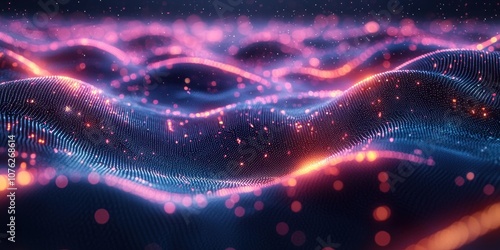 Abstract Wavy Digital Landscape with Glowing Lights