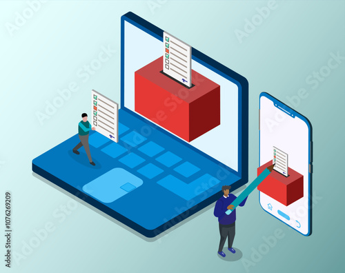 Online voting system concept on 3d isometric. People are voting on petition box with document, laptop screen and smartphone.  3d vector for banner, website, illustration, landing page, flyer, etc. 