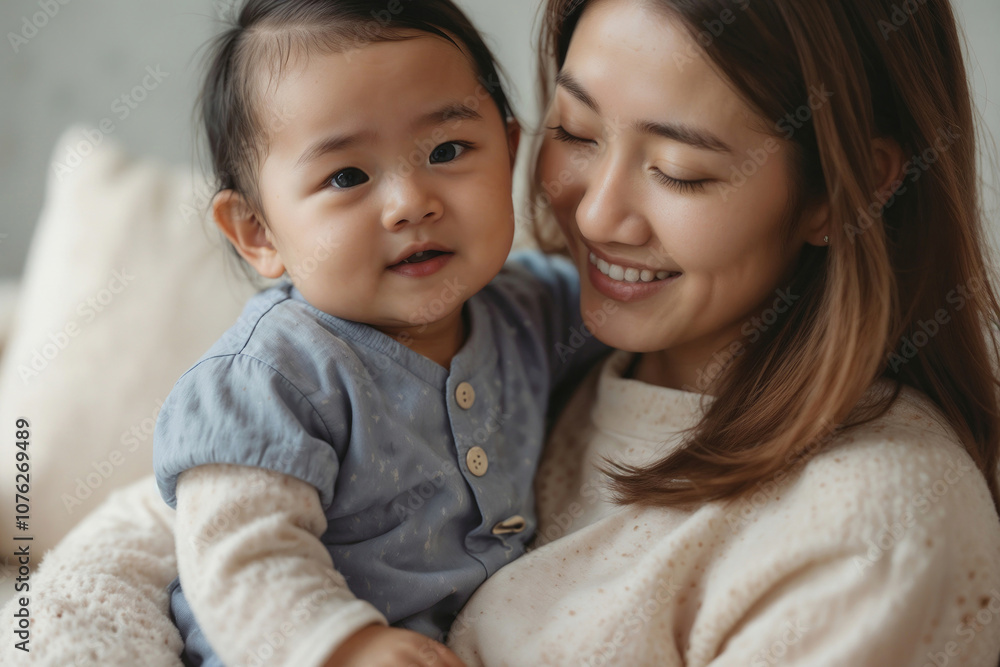 Happy Asian woman is holding a baby and smiling. The scene conveys a warm and loving atmosphere Happy Asian woman is holding a baby and smiling. The scene conveys a warm and loving atmosphere