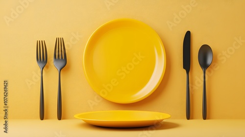 Wallpaper Mural Yellow Plate with Black Cutlery. photo art for presentation and wallpaper Torontodigital.ca