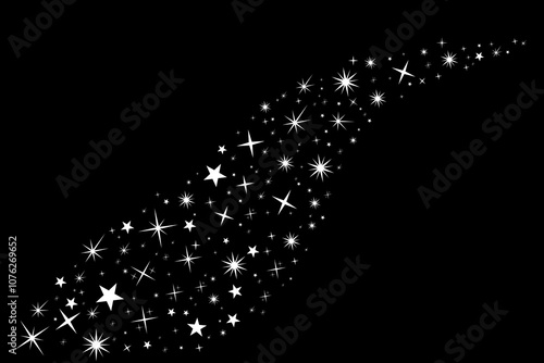 Shooting white Stars. Stars with elegant star trail on black background. Festive star sprinkles, powder, sparkles. Vector illustration