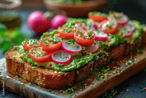 Avocado Toast Topped with Tomatoes, Radishes, and Herbs