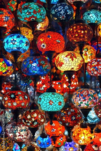 A colorful display of mosaic glass lanterns hanging from a ceiling.