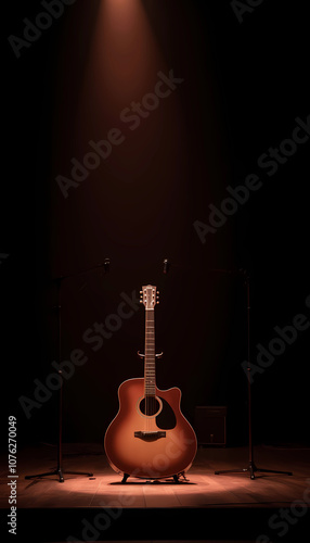 Acoustic guitar spotlighted on dark stage