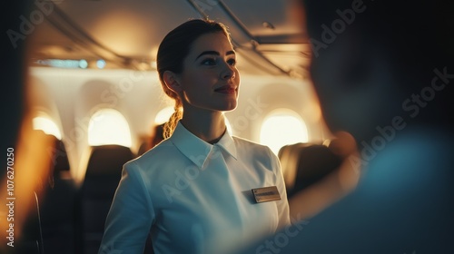 A flight attendant assisting passengers with safety demonstrations before takeoff, showcasing the important safety responsibilities of cabin crew photo