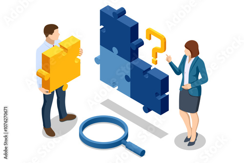 Isometric Business Puzzle.A man is thinking about how to create a profitable business. Teamwork and partnership. Business people join puzzle pieces. Doing business