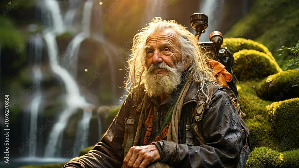 Elderly man with a beard resting by a serene waterfall in a lush forest Elderly man with a beard resting by a serene waterfall in a lush forest