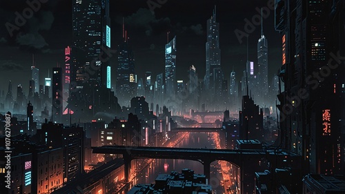 Futuristic Cyberpunk City with neon Skyscrapers, moody lights, dystopian V7