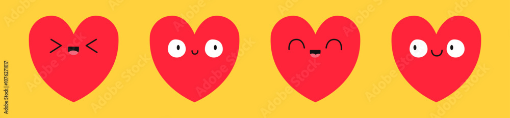 Red heart emoji icon set line. Smiling happy face head. Hearts with eyes. Happy Valentines Day. Cute kawaii cartoon character. Love sign symbol. Greeting card. Flat design. Yellow background. Vector Red heart emoji icon set line. Smiling happy face head. Hearts with eyes. Happy Valentines Day. Cute kawaii cartoon character. Love sign symbol. Greeting card. Flat design. Yellow background. Vector