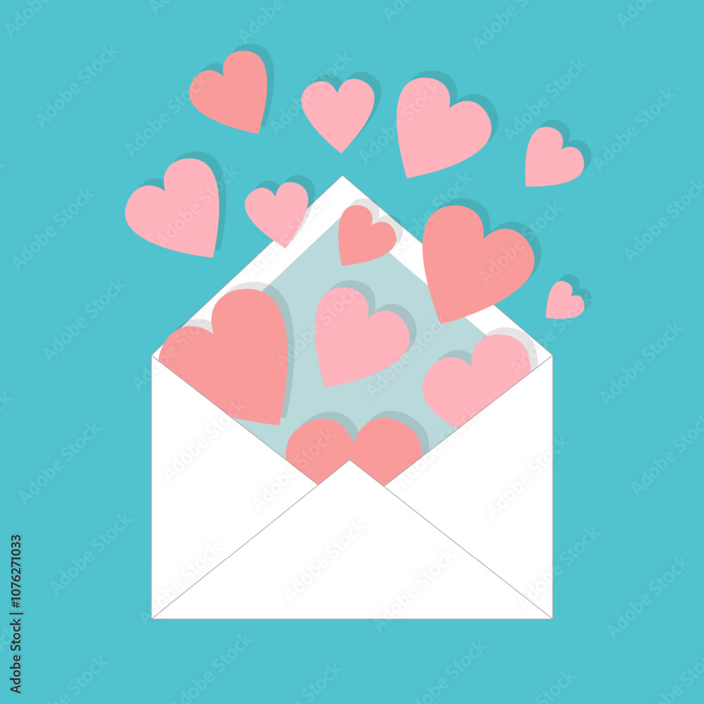Happy Valentines Day. Envelope with flying pink hearts. Open paper letter. Love greeting card. Cute decoration element. Childish style. Flat design. Blue background. Isolated. Vector illustration. Happy Valentines Day. Envelope with flying pink hearts. Open paper letter. Love greeting card. Cute decoration element. Childish style. Flat design. Blue background. Isolated. Vector illustration.