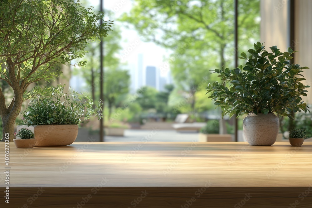 Fototapeta premium Wooden Tabletop with Greenery and Blurred Cityscape Background