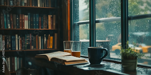 Cozy Coffee Cup by Rainy Window with Book photo