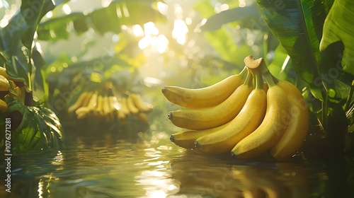 Ripe Banana Bunch in Tropical Jungle River. photo art for presentation and wallpaper photo