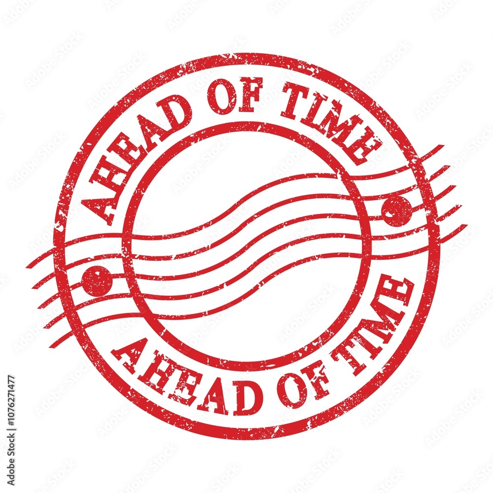 AHEAD OF TIME, text written on red postal stamp. AHEAD OF TIME, text written on red postal stamp.